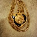 Large Nouveau figural Heart Necklace black enamel heavy chain