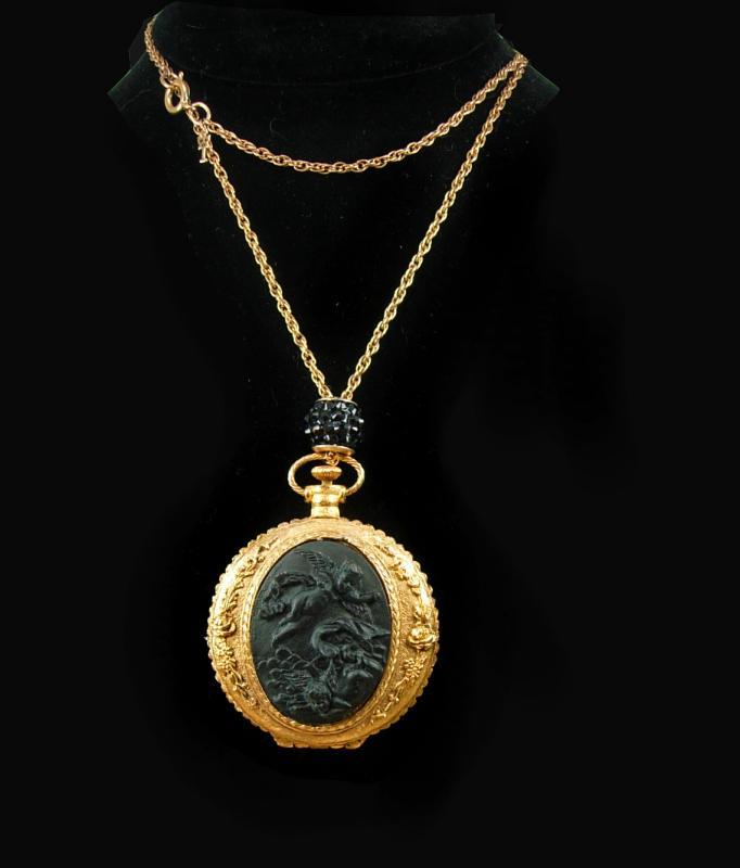 Victorian Cherubs pocketwatch locket necklace with Fleur de lis