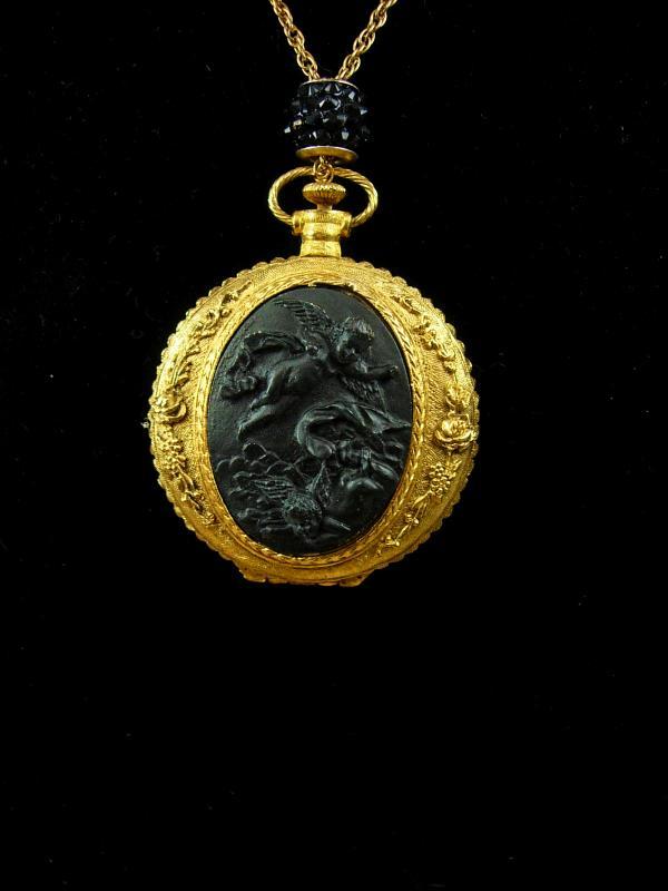 Victorian Cherubs pocketwatch locket necklace with Fleur de lis