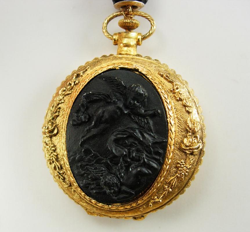 Victorian Cherubs pocketwatch locket necklace with Fleur de lis