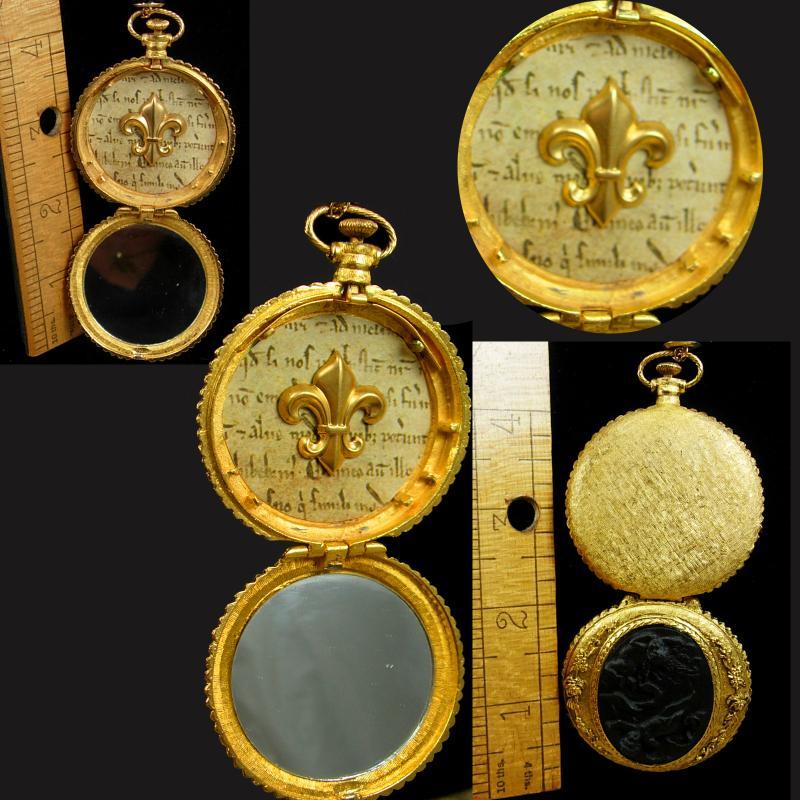 Victorian Cherubs pocketwatch locket necklace with Fleur de lis