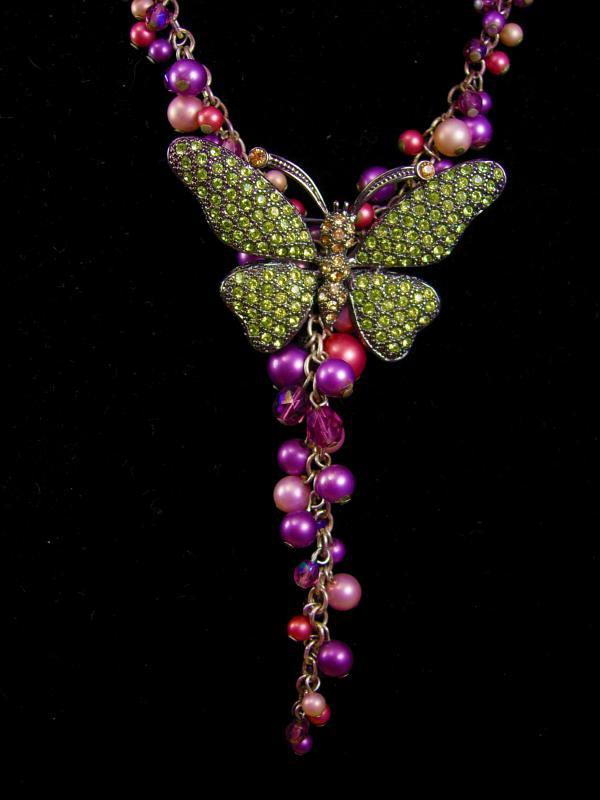 Stunning Bohemian Rhinestone butterfly necklace earrings pearl chandelier drops purple pink brooch