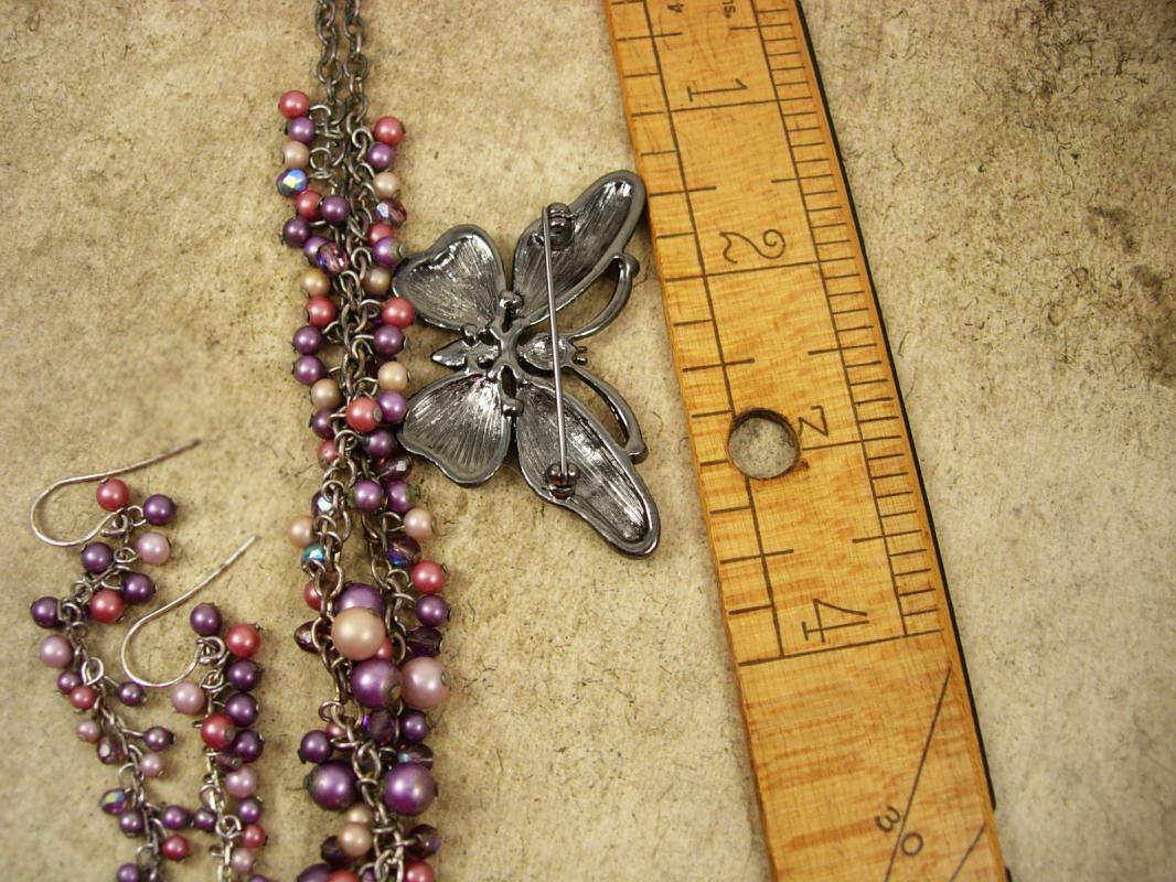 Stunning Bohemian Rhinestone butterfly necklace earrings pearl chandelier drops purple pink brooch