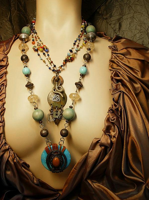 Gypsy snake talisman necklace loaded with trade beads TWO necklaces