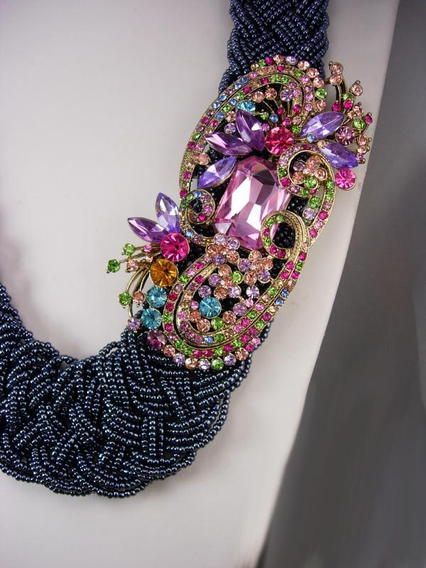 Rhinestone statement Necklace HUGE brooch pendant beaded collar