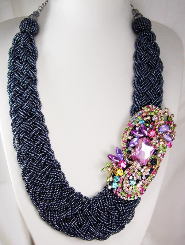 Rhinestone statement Necklace HUGE brooch pendant beaded collar
