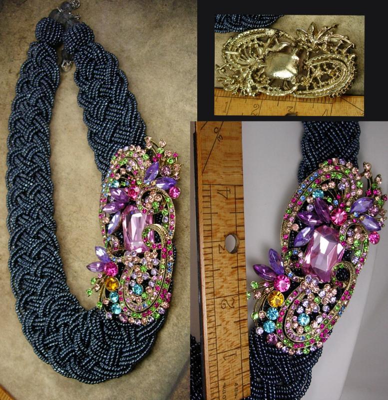 Rhinestone statement Necklace HUGE brooch pendant beaded collar