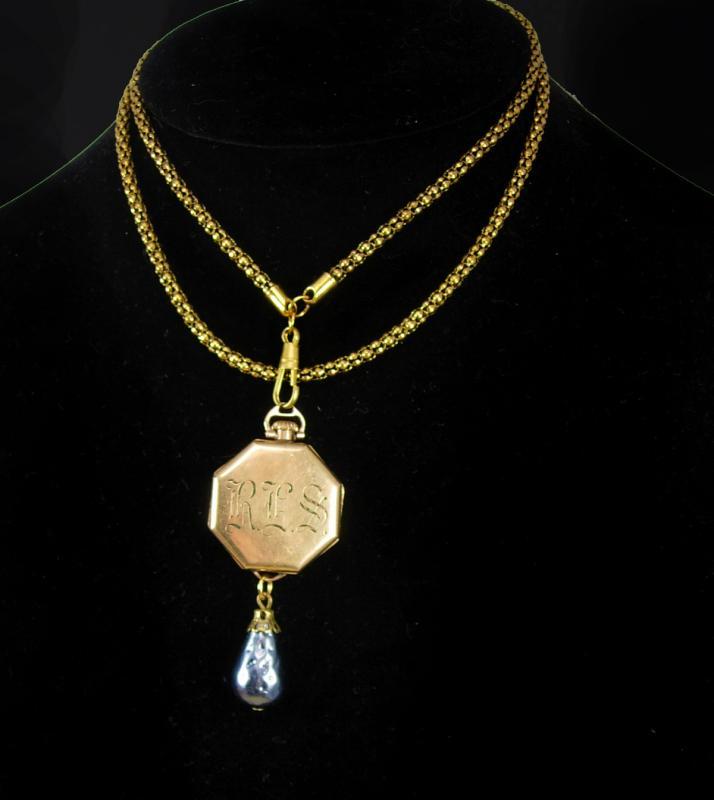 Antique victorian watch necklace Fob Chain with baroque pearl drop