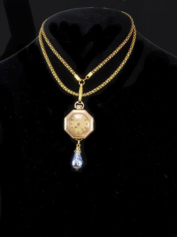Antique victorian watch necklace Fob Chain with baroque pearl drop