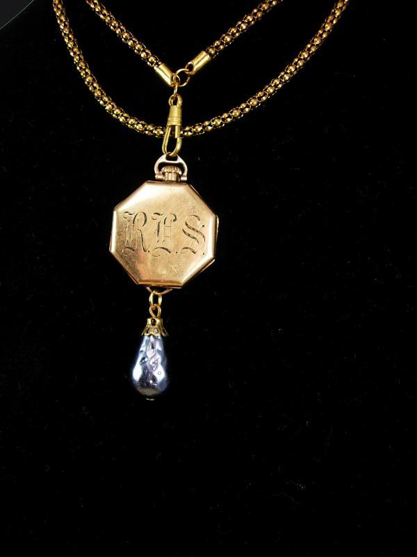 Antique victorian watch necklace Fob Chain with baroque pearl drop