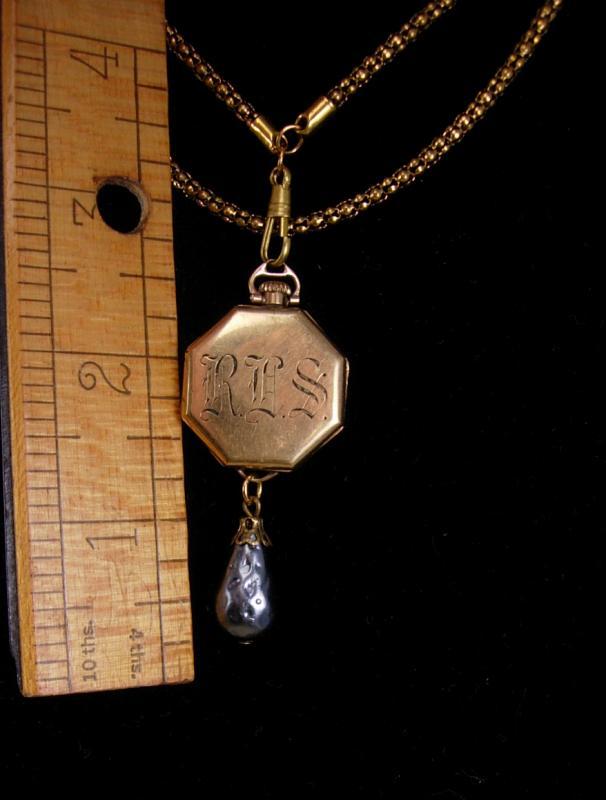 Antique victorian watch necklace Fob Chain with baroque pearl drop