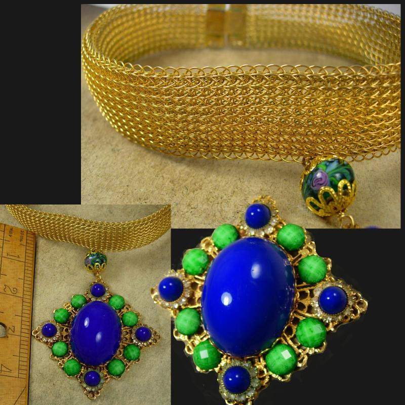 Fabulous Rhinestone statement necklace collar Cobalt and green
