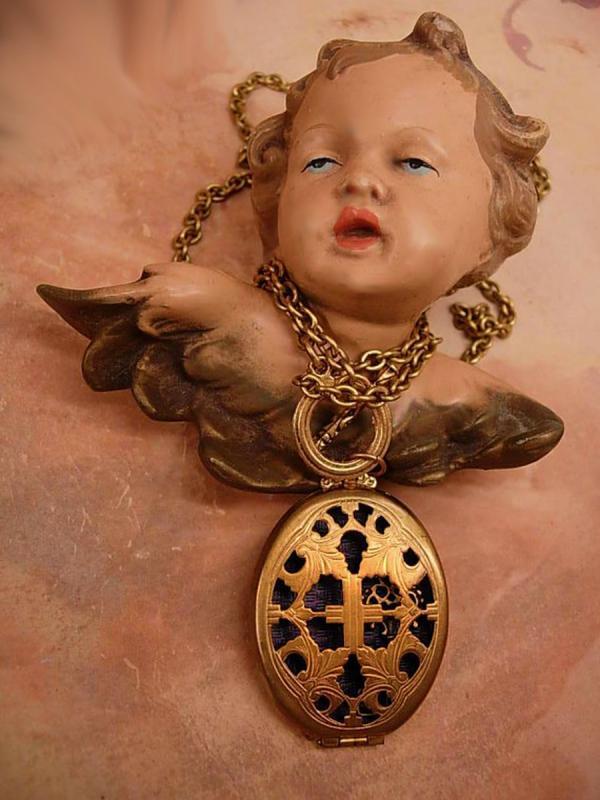 Antique Victorian Religious Medieval Locket necklace & watch chain with Miniature skeleton key