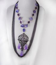 Purple Gothic Cross Drop Necklace set huge marcasite cross layered gunmetal chain