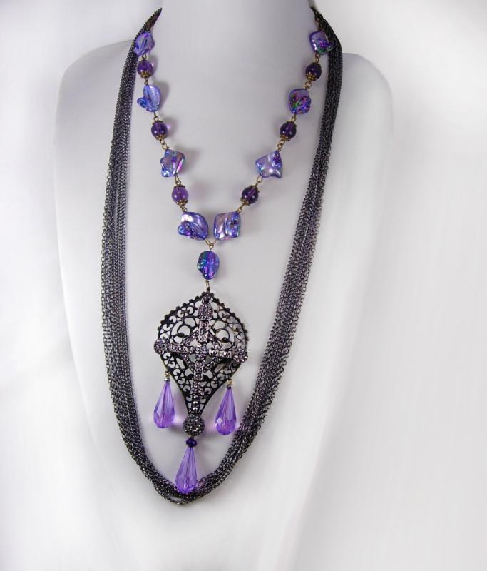 Purple Gothic Cross Drop Necklace set huge marcasite cross layered gunmetal chain