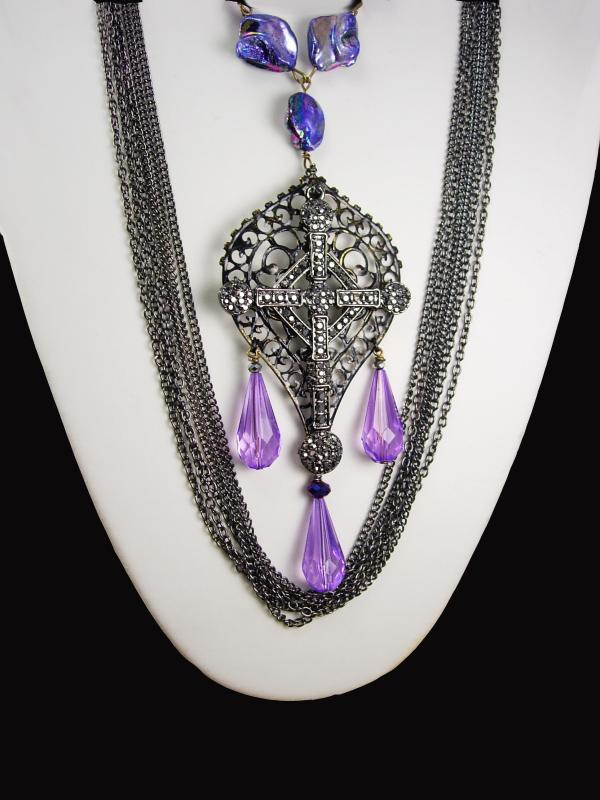 Purple Gothic Cross Drop Necklace set huge marcasite cross layered gunmetal chain