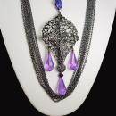 Purple Gothic Cross Drop Necklace set huge marcasite cross layered gunmetal chain
