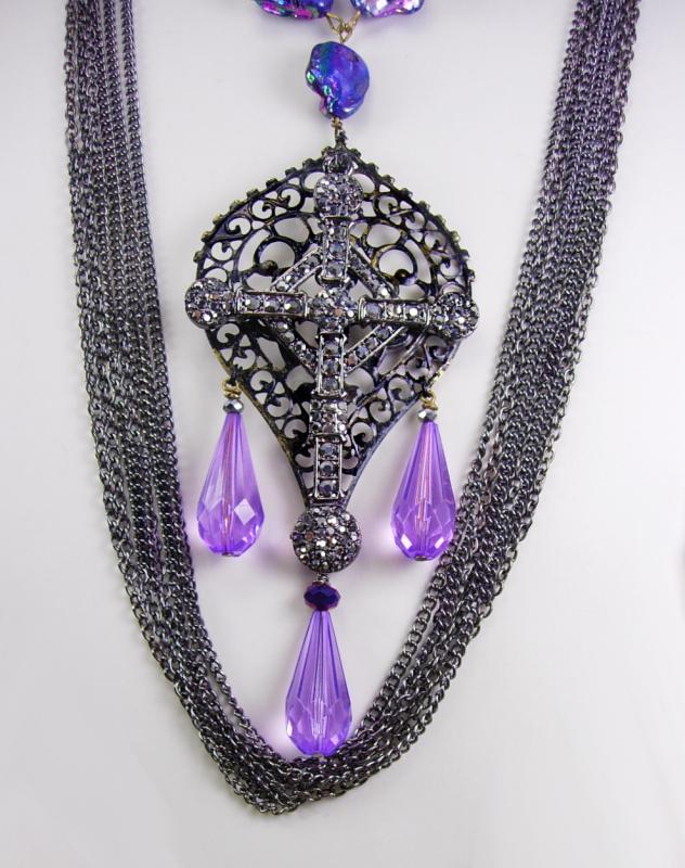 Purple Gothic Cross Drop Necklace set huge marcasite cross layered gunmetal chain