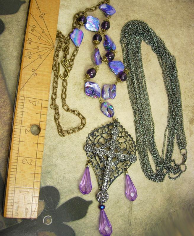 Purple Gothic Cross Drop Necklace set huge marcasite cross layered gunmetal chain