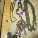 Purple Gothic Cross Drop Necklace set huge marcasite cross layered gunmetal chain