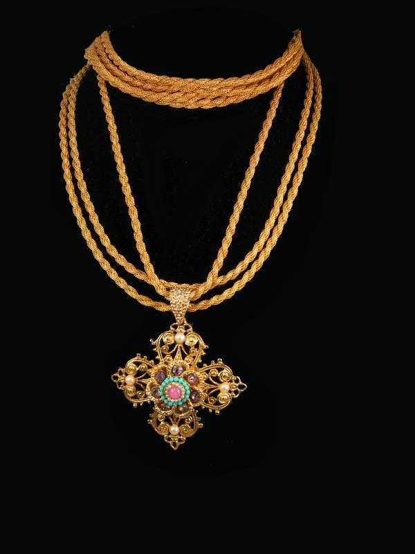 Vintage Renaissance Cross necklace bracelet rhinestones pearls interchangeable