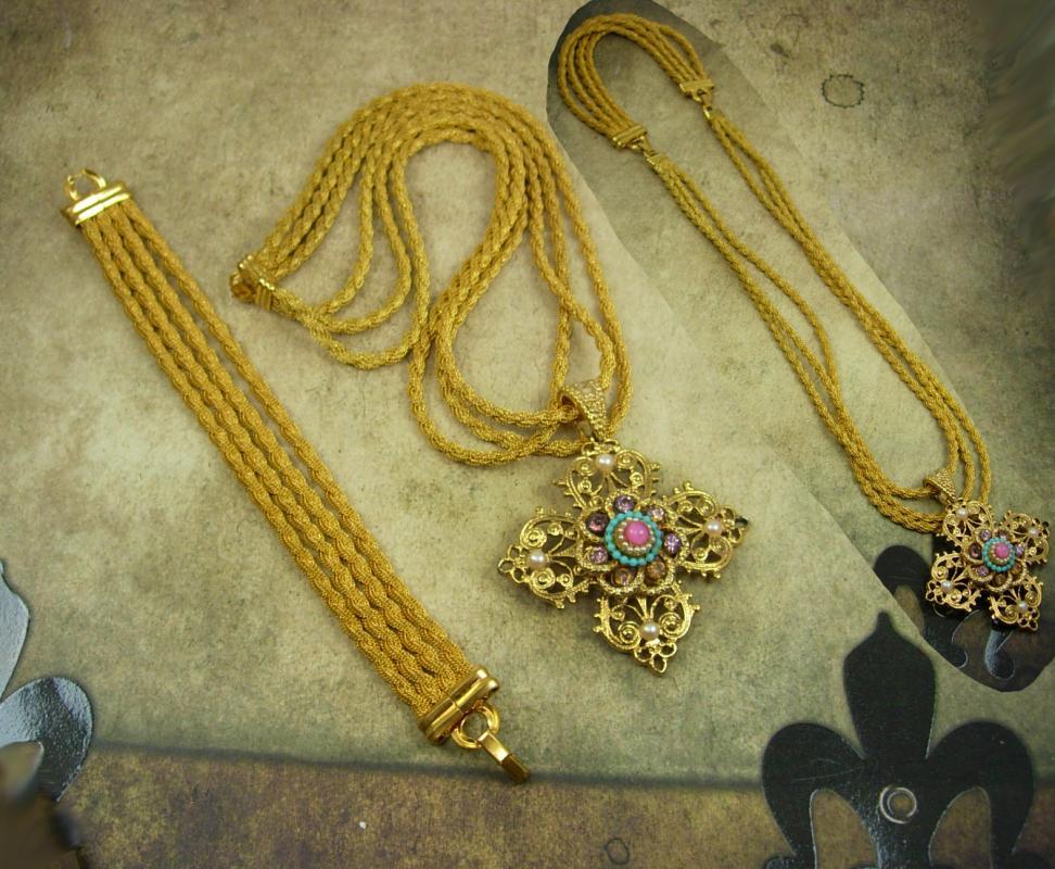 Vintage Renaissance Cross necklace bracelet rhinestones pearls interchangeable