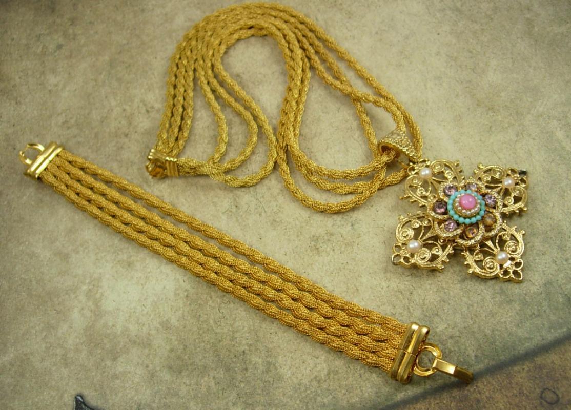 Vintage Renaissance Cross necklace bracelet rhinestones pearls interchangeable
