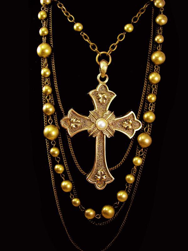 Huge Medieval Cross necklace layers of brass and chains