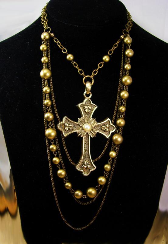 Huge Medieval Cross necklace layers of brass and chains