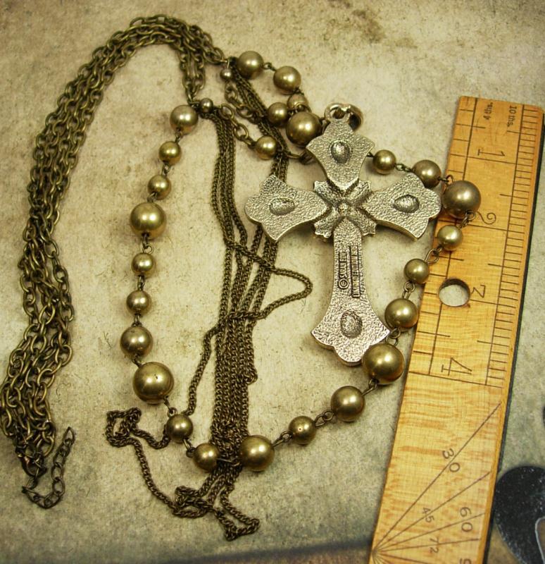 Huge Medieval Cross necklace layers of brass and chains