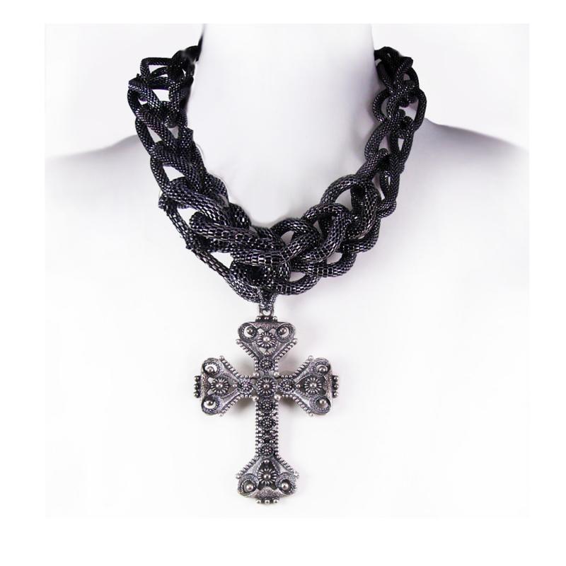 Rosary Necklace Huge Gothic Cross Etruscan gunmetal snake chain