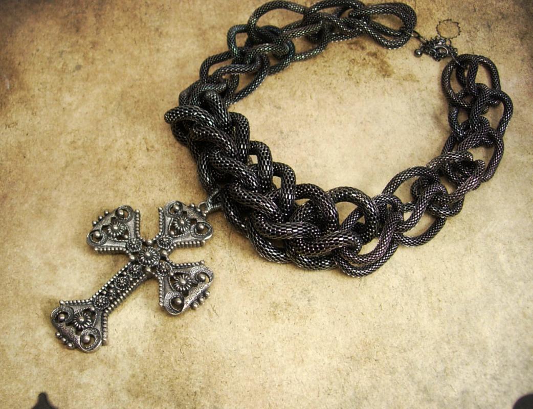 Rosary Necklace Huge Gothic Cross Etruscan gunmetal snake chain