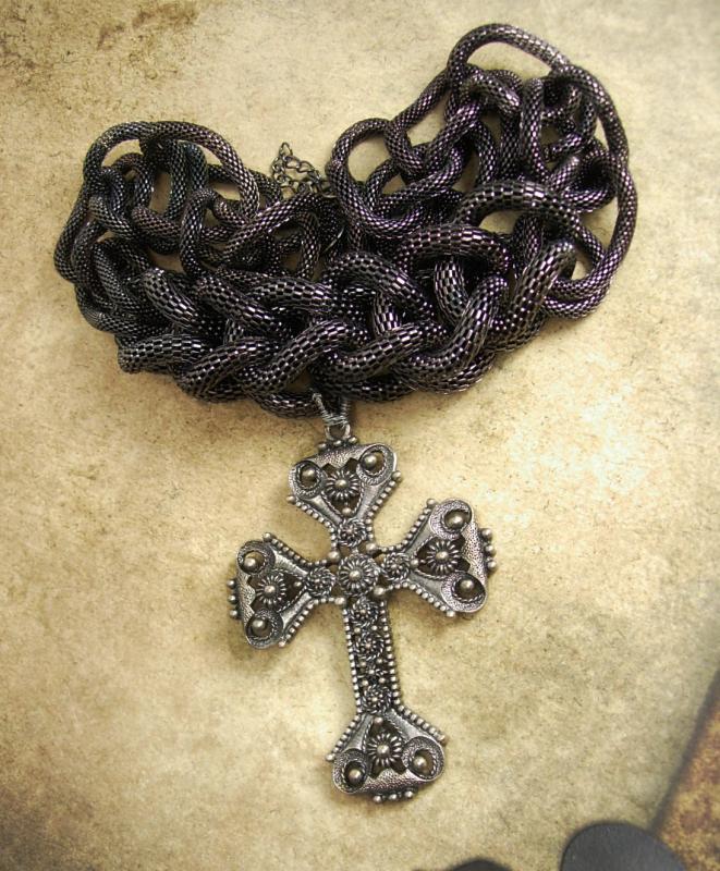 Rosary Necklace Huge Gothic Cross Etruscan gunmetal snake chain
