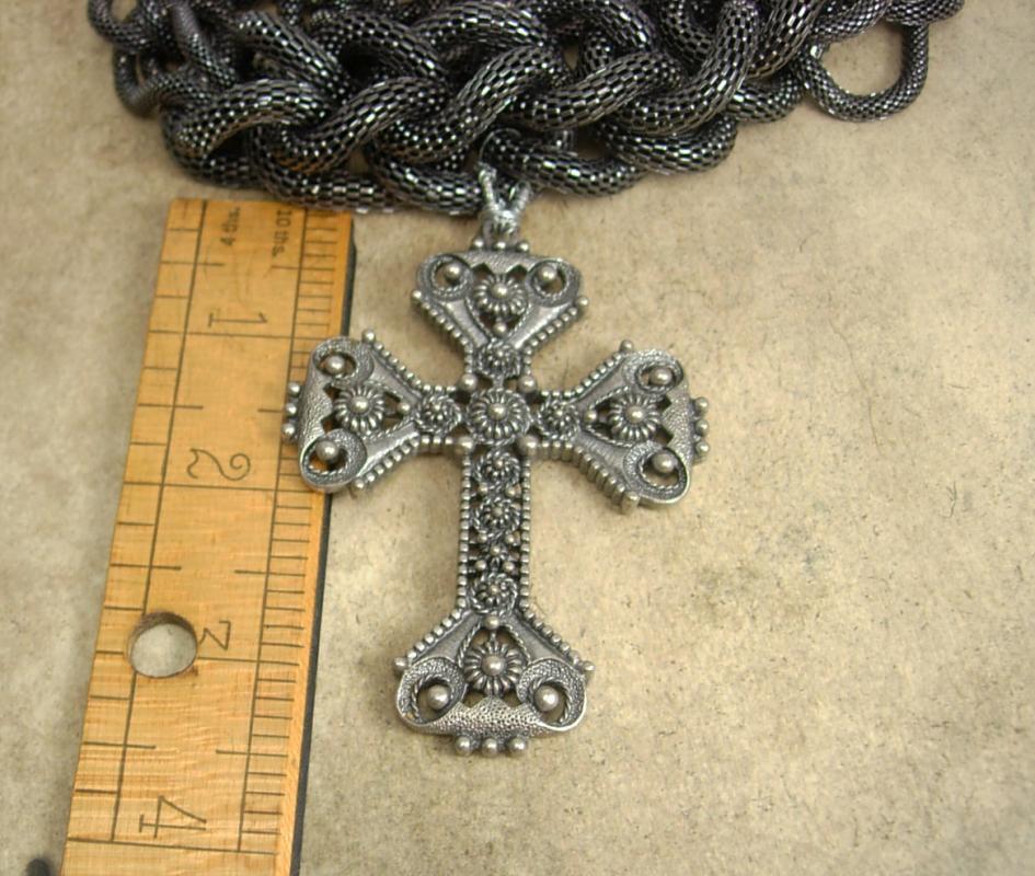 Rosary Necklace Huge Gothic Cross Etruscan gunmetal snake chain
