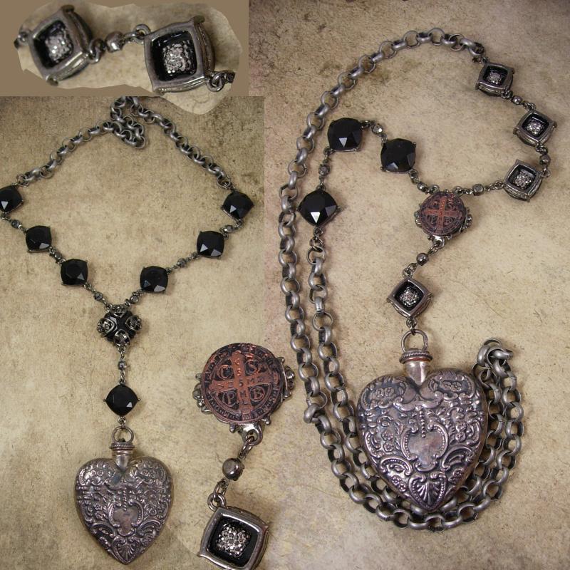 Sacred Heart Necklace Antique Sterling Victorian perfume pendant religious medals