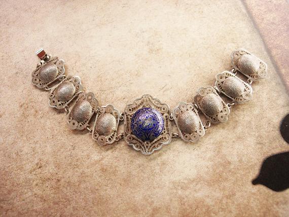 Vintage sterling bracelet enamel European blue silver filigree celestial design