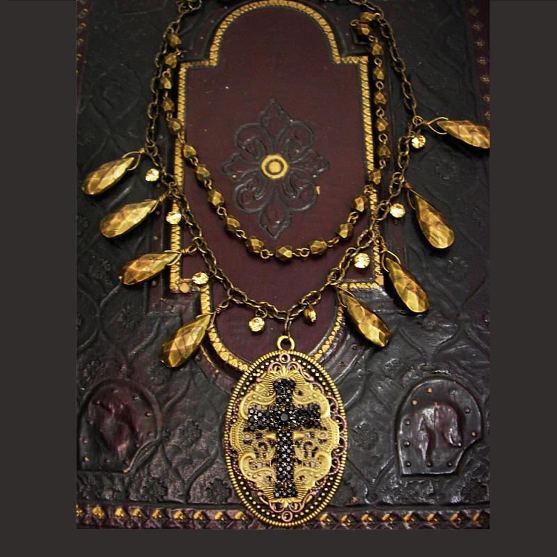 Rhinestone Cross necklace Gothic black with bronze drops