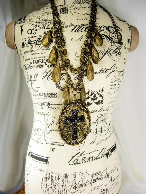 Rhinestone Cross necklace Gothic black with bronze drops