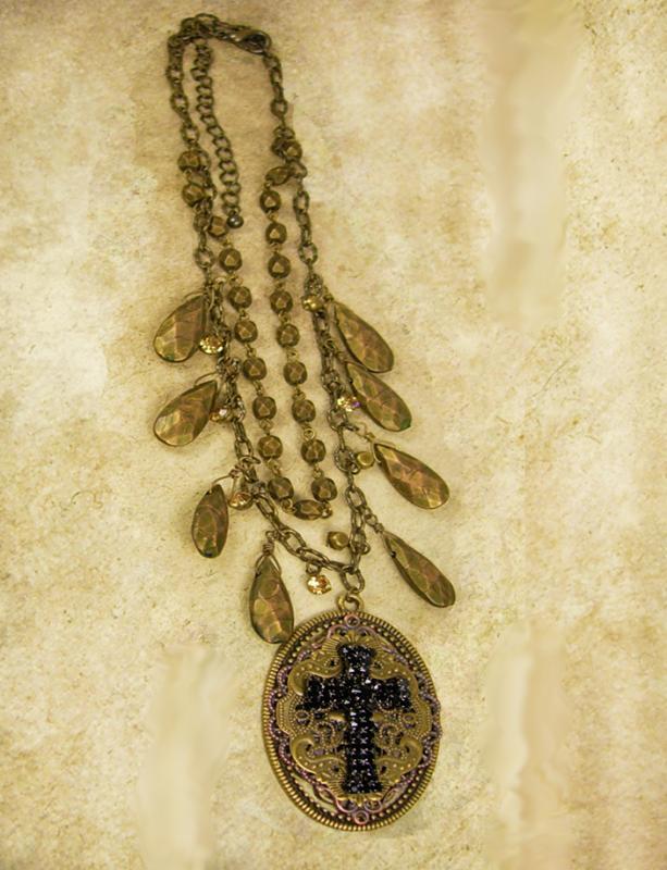 Rhinestone Cross necklace Gothic black with bronze drops