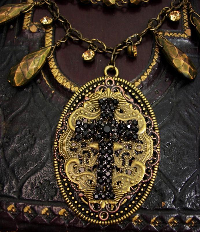 Rhinestone Cross necklace Gothic black with bronze drops