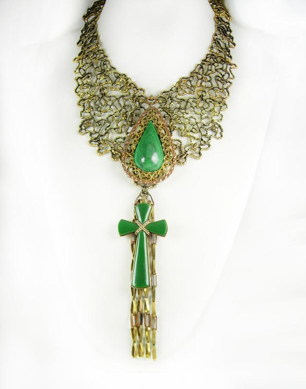 Statement necklace Malachite cross with huge tassels Dramatic