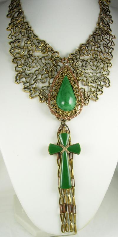 Statement necklace Malachite cross with huge tassels Dramatic
