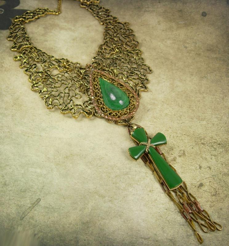 Statement necklace Malachite cross with huge tassels Dramatic