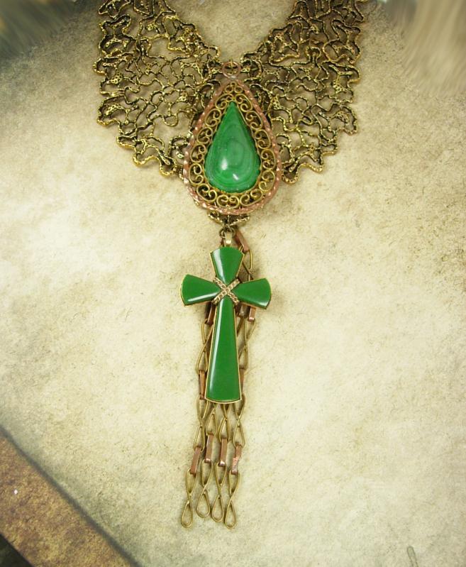 Statement necklace Malachite cross with huge tassels Dramatic