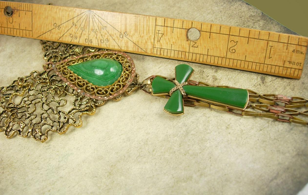 Statement necklace Malachite cross with huge tassels Dramatic