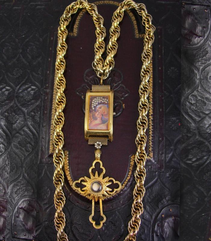 Shrine necklace with holy cross relic and miniature pearl virgin Mary & child portrait