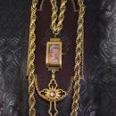 Shrine necklace with holy cross relic and miniature pearl virgin Mary & child portrait