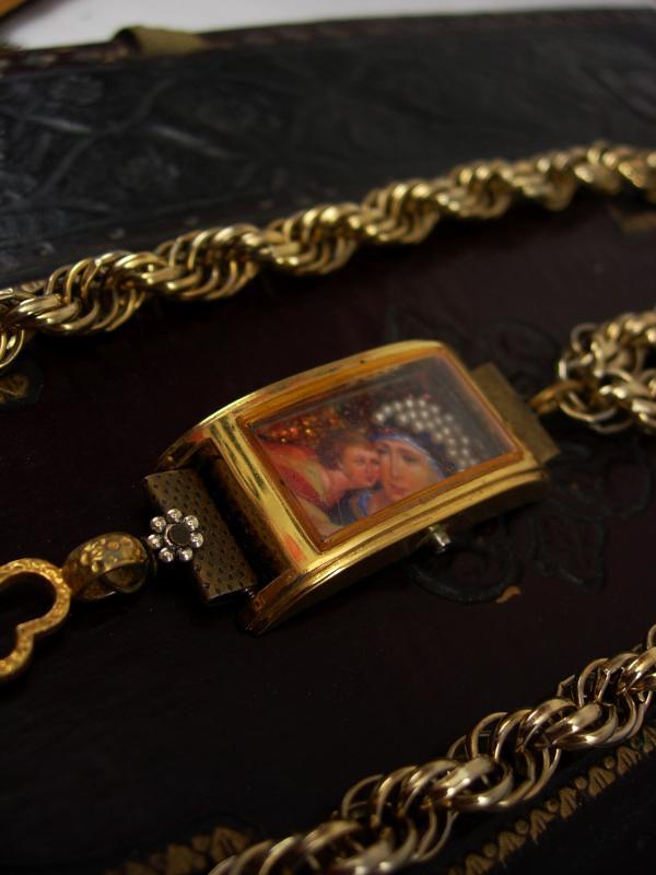 Shrine necklace with holy cross relic and miniature pearl virgin Mary & child portrait