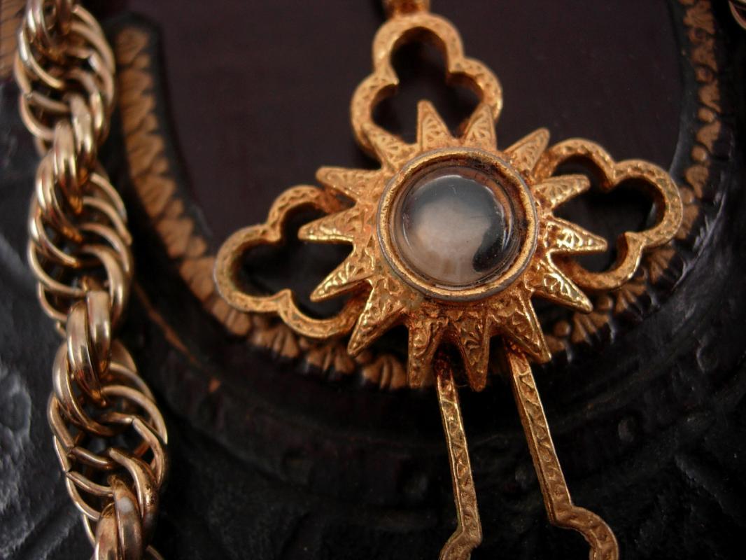Shrine necklace with holy cross relic and miniature pearl virgin Mary & child portrait