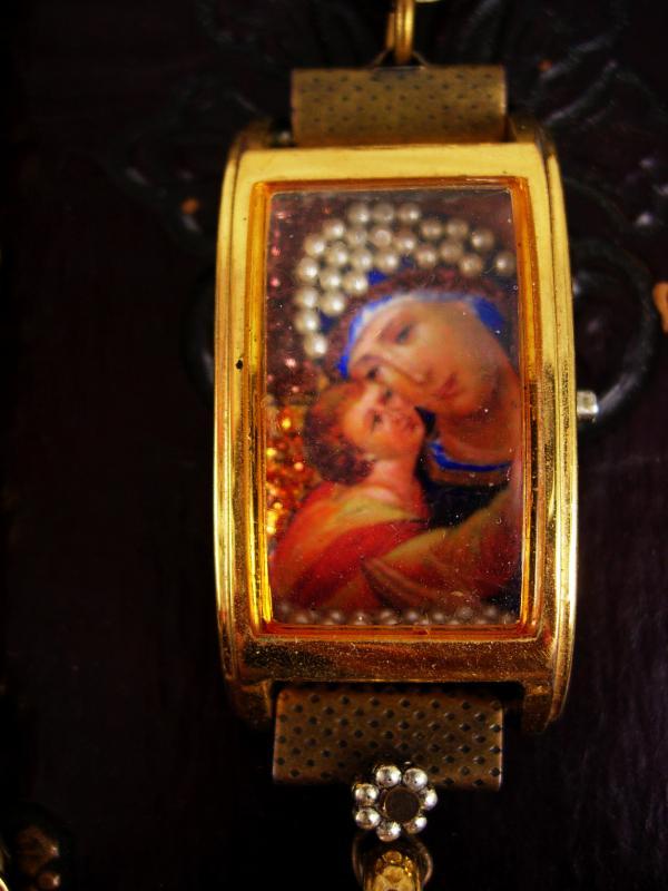 Shrine necklace with holy cross relic and miniature pearl virgin Mary & child portrait